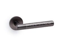 Loops Solid Brass Hammered Door Handle Set - Dark Bronze Straight Lever On Round Rose