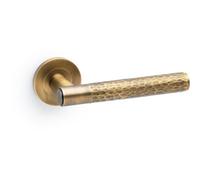 Loops Solid Brass Hammered Door Handle Set - Italian Brass Straight Lever Round Rose