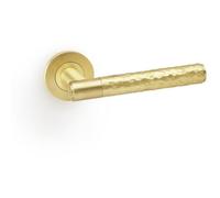 Loops Solid Brass Hammered Door Handle Set - Satin Brass Straight Lever Round Rose