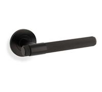 Loops Solid Brass Knurled Door Handle Set - Matt Black Bar Lever On Round Rose