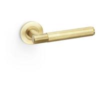 Loops Solid Brass Knurled Door Handle Set - Satin Brass Straight Lever On Round Rose