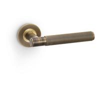 Loops Solid Brass Reeded Door Handle Set - Antique Brass Straight Lever On Round Rose