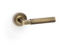 Loops Solid Brass Smooth Door Handle Set - Antique Brass Angled Lever On Round Rose