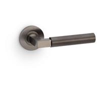 Loops Solid Brass Smooth Door Handle Set - Dark Bronze Angled Lever On Round Rose