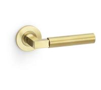 Loops Solid Brass Smooth Door Handle Set - Satin Brass Angled Lever On Round Rose