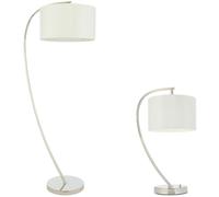Loops Standing Floor & Table Lamp Set Bright Nickel & White Shade Curved Stem Light