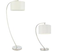 Standing Floor & Table Lamp Set Bright Nickel & White Shade Curved Stem Light
