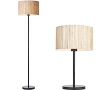 Loops Standing Floor & Table Lamp Set - Natural Seagrass Drum Shades & Matt Black Metal Stands