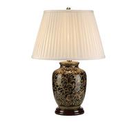 Loops Table Lamp - Small Chinese Porcelain Base - Gold Floral Pattern - Cream Double Pleat Shade - Gold and Black - LED E27 60W Bulb