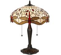 Tiffany Glass Table Lamp Light Dark Bronze & Cream Red Dragonfly Shade i00188