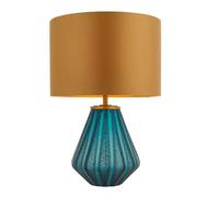 Loops Turqoise Glass Base Table Lamp Light & Gold Fabric Shade - Black Textured Detail Loops Black