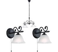 Loops Twin Ceiling Pendant Light & 2x Matching Wall Lights Black & Alabaster Glass Loops Black