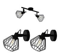 Loops Twin Ceiling Spot Light & 2x Matching Wall Lights Black Geometric Cage Head Loops Black
