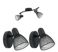 Loops Twin Ceiling Spot Light & 2x Matching Wall Lights Black Mesh Adjustable Head Loops Black