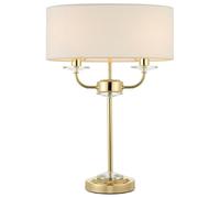 Loops Twin Light Table Lamp 2 Bulb Brass & White Shade Crystal Trim Bedside Feature Loops White