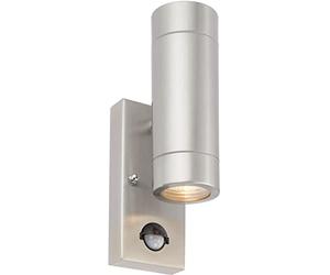 Loops Twin Up & Down Wall Light with Built in PIR Sensor - 2 x 7W Maximum GU10 LED - Brushed Stainless Steel & Clear Glass - IP44 Rated - Manual Override - LED Wall Lamp
