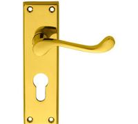 Loops Victorian Scroll Latch & Euro Lock Door Handle Polished Brass Lever On Backplate