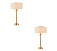 Loops Vintage Brass Table Lamp Set With Natural Linen Shades - Elegant 2 Pack For Home Decor