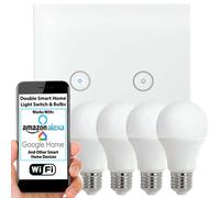 Loops WiFi Light Switch & Bulb 4x 10W E27 Cool White Lamp & Double Wireless Wall Plate Loops White