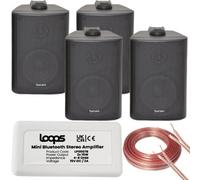 Loops Wireless Bluetooth Amplifier & 4X 3" 60W Black Wall Mounted Speakers Amp System