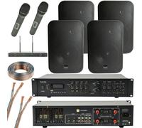 Loops Wireless Microphone Public Address System 4x Black 200W Wall Speakers 800W Amp