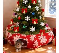LoopTime Foldable Cat Tunnels for Indoor Cats, Under Christmas Tree Cat Bed Cave with Washable Circle Cushion,Soft Peekaboo Hideway Cave Donut Toys Tunnels for Kittens & Large Cats (Red)