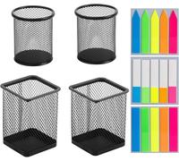 Loopunk Metal Pen Holder - Black Small Pen Cup for Desktop, Durable Office Pen Holder and Metal Desk Organizer, Premium Black Office Supplies and Pen Organizer（4PCS Pen Holder, 3 Pcs sticky notes）