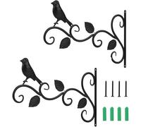 Loopunk Pack of 2 Hanging Basket Hooks, Plant Holder, Hanging Basket Holder, Iron, Black with Leaf Birds, Decorative Hanging Basket Holder, Wall Hooks with Screws, Hanging Plant Hooks