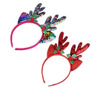 LOORGVEL 2pcs Christmas Antler Headbands with Ears Red and Rainbow Sequin Hair Accessories for Xmas Party Festive Deer Hair Hoop for Adults Eye Catching Holiday Headwear