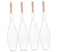 LOORGVEL 4 Pcs Fish Barbecue Basket Non Stick Metal Mesh Clips with Durable Wooden Handles Portable Bbq Grill Rack Tool for Outdoor Camping Picnic Grilling Steaks Sausages Chicken Corn and
