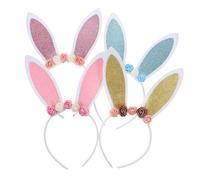 LOORGVEL 4Pcs Floral Bunny Ear Hairbands Lightweight Artificial Flower Rabbit Ears Headbands for Easter Party Cosplay Accessories in Gold Pink Blue Purple