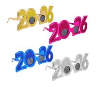 LOORGVEL 4pcs Year Party Glasses Lightweight Plastic Funny Photo Props for Holiday Celebrations in Gold Silver Blue Red Comfortable Fit Eyewear for Festive Gatherings