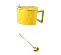 LOORGVEL Ceramic Cheese-Shaped Mug with Lid and Gold Spoon Small Coffee and Milk Cup for Espresso Yogurt Oatmeal Stylish Breakfast Drinkware