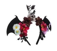 LOORGVEL Day Dead Flower Headband with Skull and Bat Wings Halloween Floral Crown for Costume Parties Mardi Gras Masquerade Accessories Festive Fabric Hairband for Women