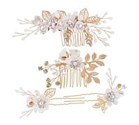 LOORGVEL Handcrafted Pearl Floral Hair Side Combs White Wedding Hair Accessories with Rhinestones for Bridal Styling Comfortable U-shaped Pins for Secure Hold at Weddings Proms and Parties