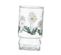 LOORGVEL Heatproof Medium Glass Drinking Cup with Cute Daisy Pattern Home Cup for Milk Coffee Juice Smooth Surface with Stable Flat Base Creative Floral Design for Everyday Use