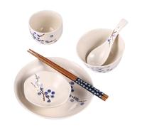 LOORGVEL Japanese Style Ceramic Tableware for Single Use with Plum Blossom Design Including Bowl Dish Cup Spoon Chopsticks Practical Home Dining Tableware