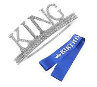 LOORGVEL King Crown and Blue Rhinestone Birthday Sash for Men Durable Costume Crown Headdress for Prom Party Cosplay and Pageant Accessories