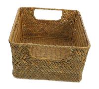 LOORGVEL Natural Straw Woven Storage Basket with Flat Base for Desktop Sundries Organizer Small Rectangular Handled Toiletries Holder Vintage Style for Bathroom and Bedroom Use