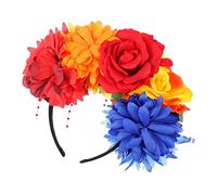 LOORGVEL Peony Flower Crown Headband with Beaded Detail Tropical Floral Hair Accessory for Women Multi Color Red Orange Yellow Blue Party Headpiece for Weddings Festivals Maternity