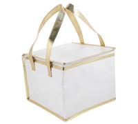 LOORGVEL Portable Insulated Cake Storage Bag with Handle Thermal Food Packing Pouch for Pizza and Fresh Food Foil Cloth Material Zipper Closure Wear Resistant White with Gold Trim