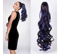Loose Curly Claw Clip Ponytail Extension 18inch Synthetic High Ponytail Hairpiece Seamless Pony Tail Wig (Black Highlights Blue)