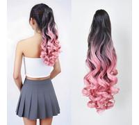 Loose Curly Claw Clip Ponytail Extension 18inch Synthetic High Ponytail Hairpiece Seamless Pony Tail Wig (Black Ombre Pink)