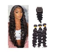 Loose Deep Wave Bundles with Closure Natural Black Peruvian Human Hair Bundles with 4×4 Swiss Lace Closure(16+18+20+Closure 14)