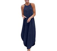 Loose Denim Dresses for Womens UK Party Dresses Ladies Plus Size Denim Sleeveless Halter Neck Print Vest Long Dress Baggy Maxi Wedding Guest Summer Shift Dress