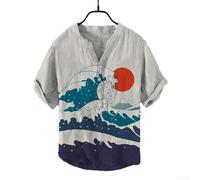 Loose Fit Mens Japanese Art Print Button V Neck Shirt, Short Sleeve Holiday Tee (M D)