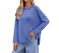Loose Fit Plain Tops for Women Fall Blouse Womens Long Sleeve Shirts Oversized Fall Ribbed Side Slit Tops Casual Textured Loose Fit Sweaters Tees Clothes for Workout Hiking Outdoor Xmas (Blue, XXL)