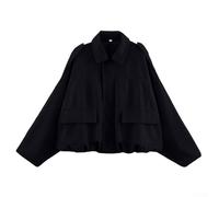 Loose Fit Women's Suede-Style Polyester Jacket with Bat Sleeves and Front Zipper for Daily Vacation Use (S black)