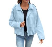 Loose Fit Women's Suede-Style Polyester Jacket with Bat Sleeves and Front Zipper for Daily Vacation Use (S Light blue)