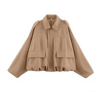 Loose Fit Women's Suede-Style Polyester Jacket with Bat Sleeves and Front Zipper for Daily Vacation Use (M Khaki)